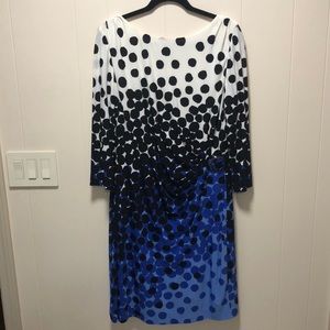 TAHARI Ivory, Black and Blue Tones Dress with 3/4 Sleeves